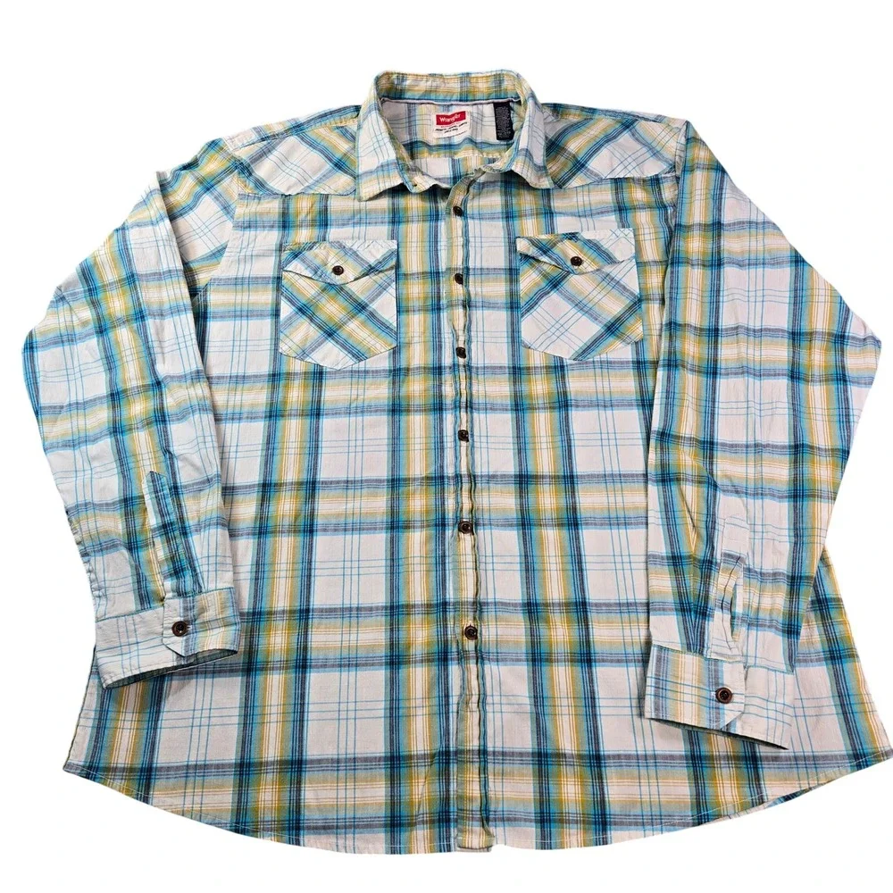 Wrangler Men's Size 2XL Blue Yellow Plaid Western Long Sleeve Button Down Shirt